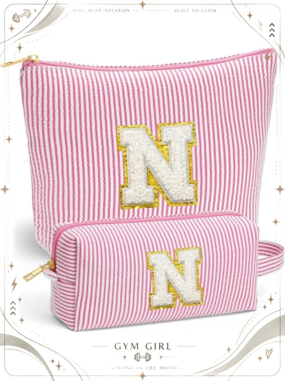 2 Pc Monogram Cosmetic Bag Set Striped Polyester Travel Makeup Pouches